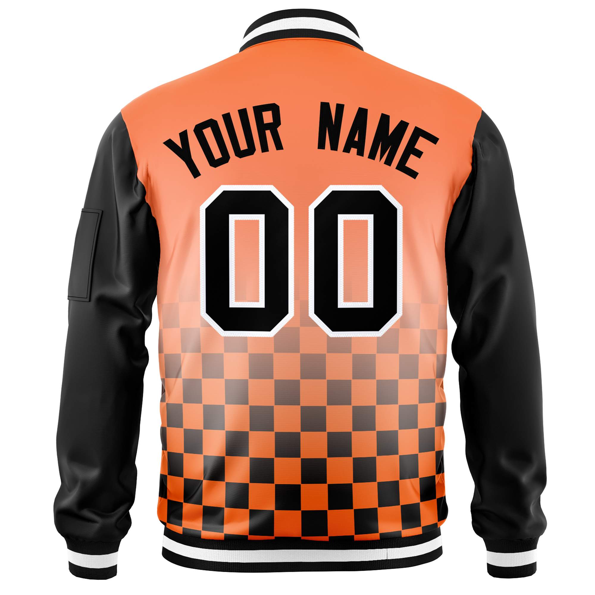 Custom Orange Black-White Grid Varsity Full-Zip Color Block Letterman Raglan Sleeve Jacket