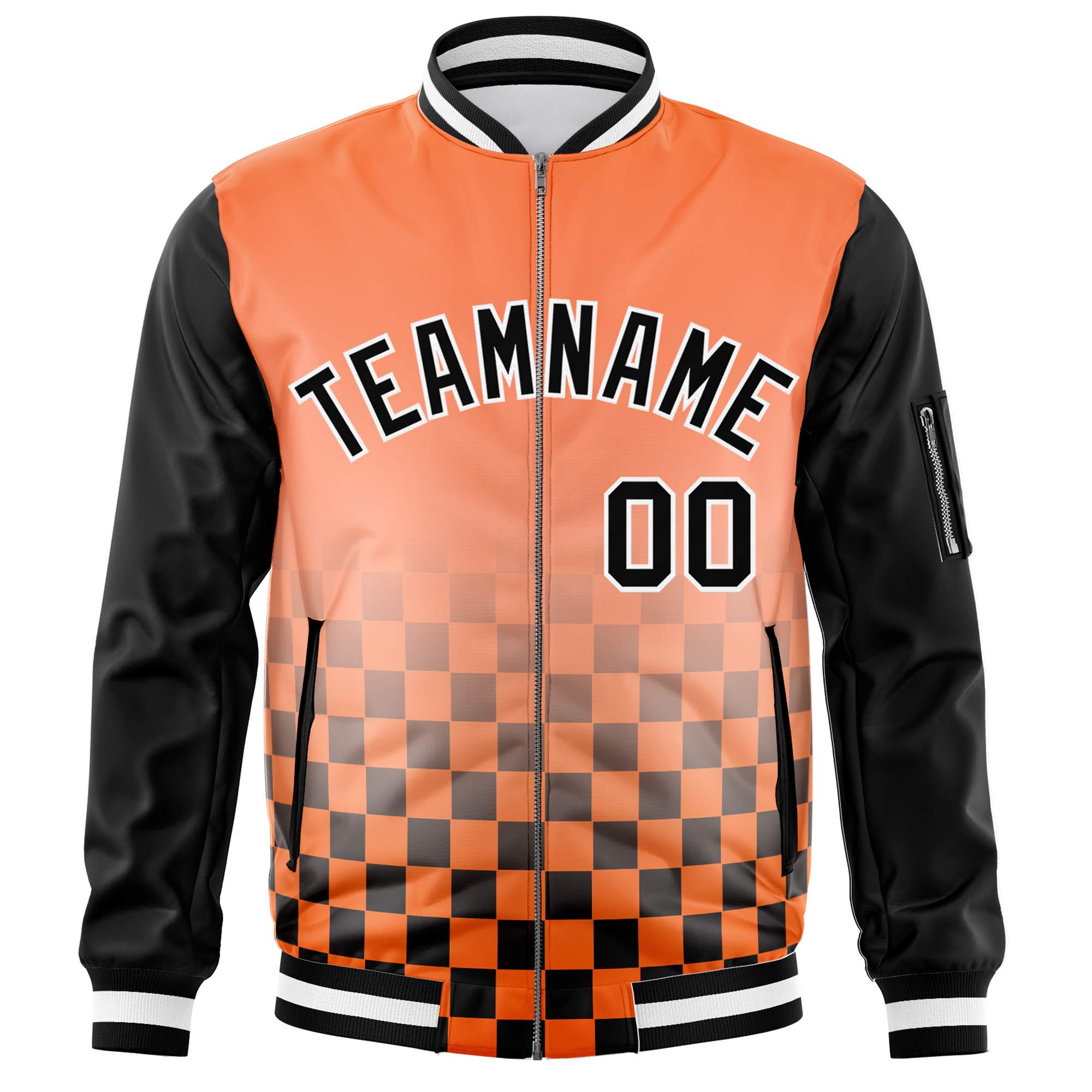 Custom Orange Black-White Grid Varsity Full-Zip Color Block Letterman Raglan Sleeve Jacket