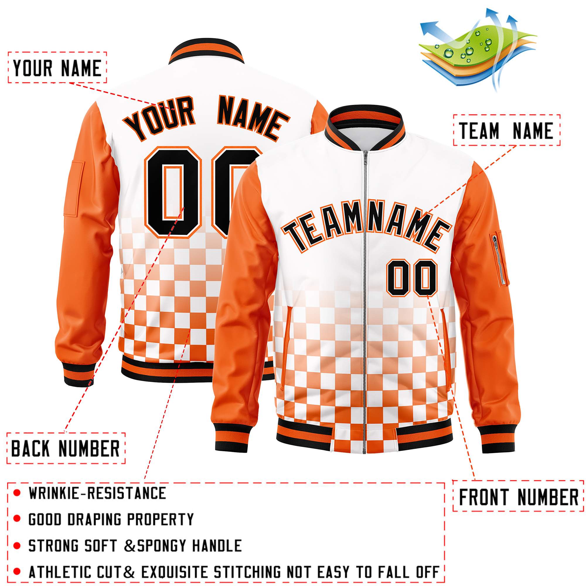 Custom White Black-Orange Grid Varsity Full-Zip Color Block Letterman Raglan Sleeve Jacket