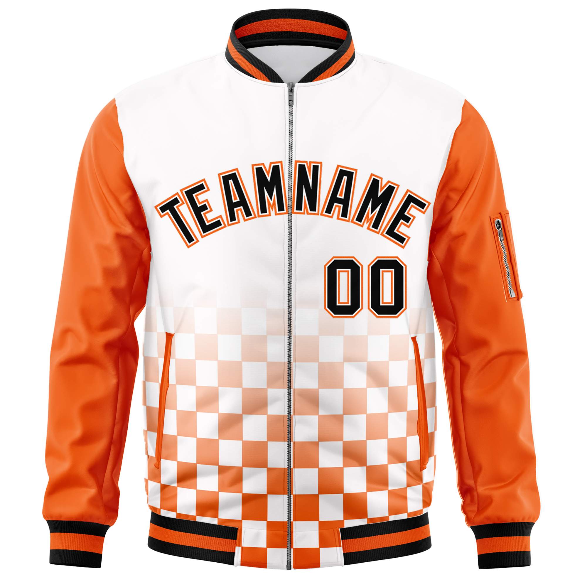 Custom White Black-Orange Grid Varsity Full-Zip Color Block Letterman Raglan Sleeve Jacket