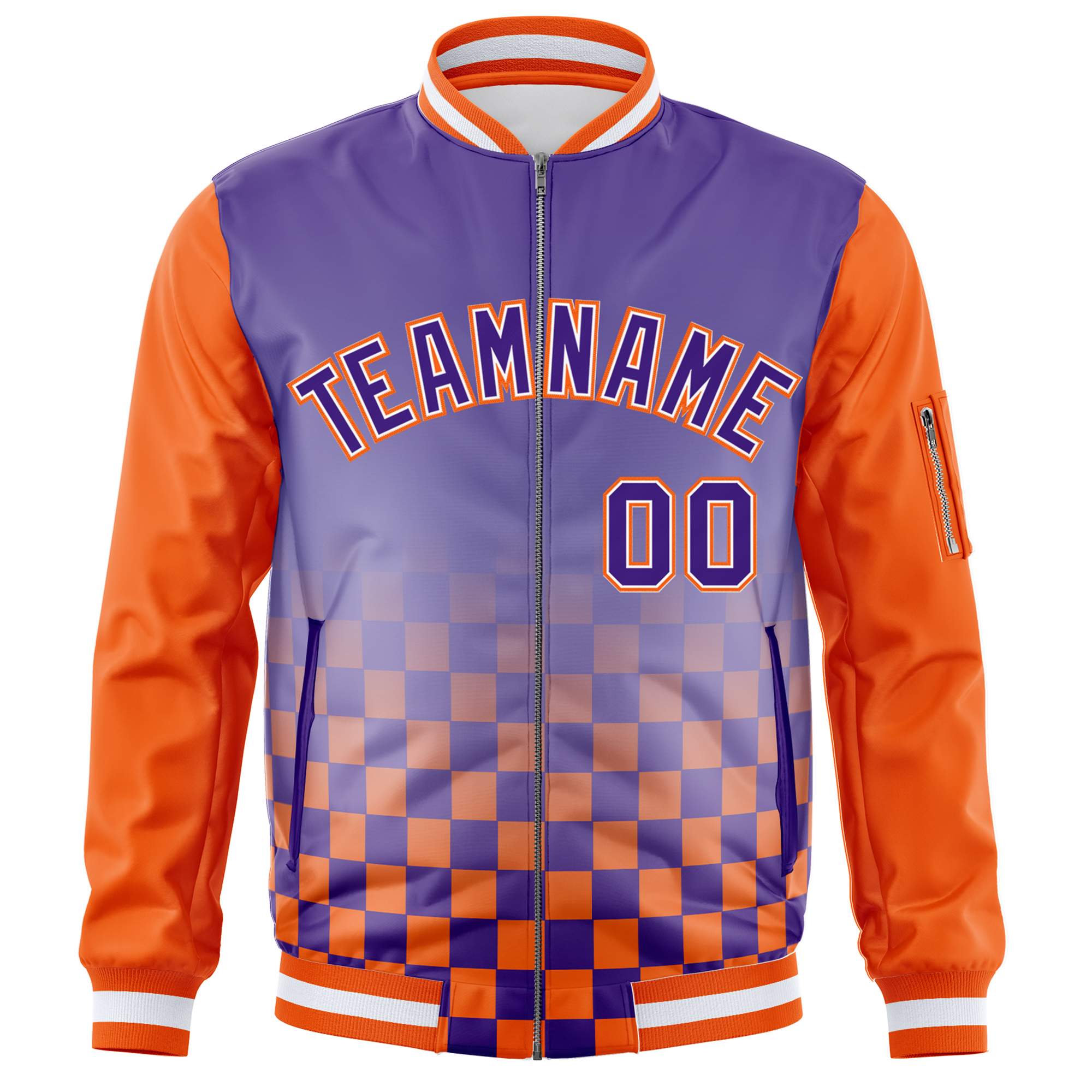 Custom Purple Orange Grid Varsity Full-Zip Color Block Letterman Raglan Sleeve Jacket