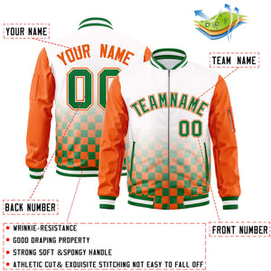 Custom White Kelly Green-Orange Grid Varsity Full-Zip Color Block Letterman Raglan Sleeve Jacket