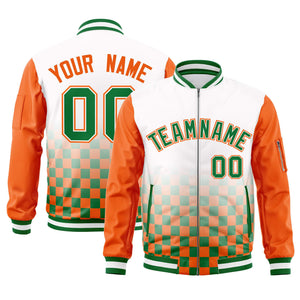 Custom White Kelly Green-Orange Grid Varsity Full-Zip Color Block Letterman Raglan Sleeve Jacket