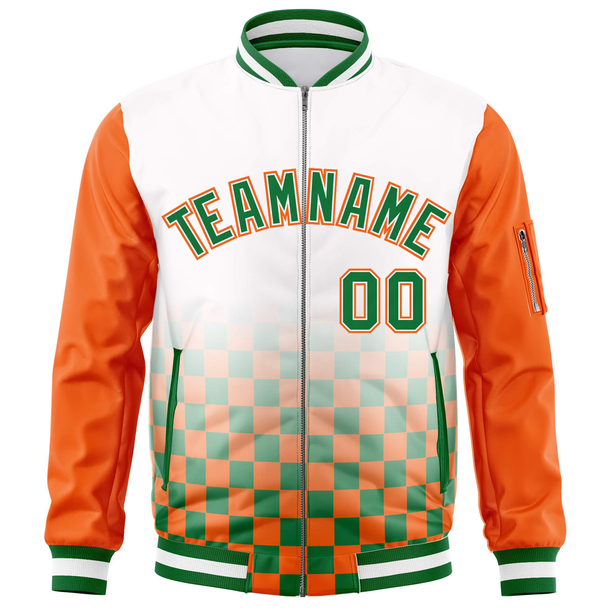 Custom White Kelly Green-Orange Grid Varsity Full-Zip Color Block Letterman Raglan Sleeve Jacket