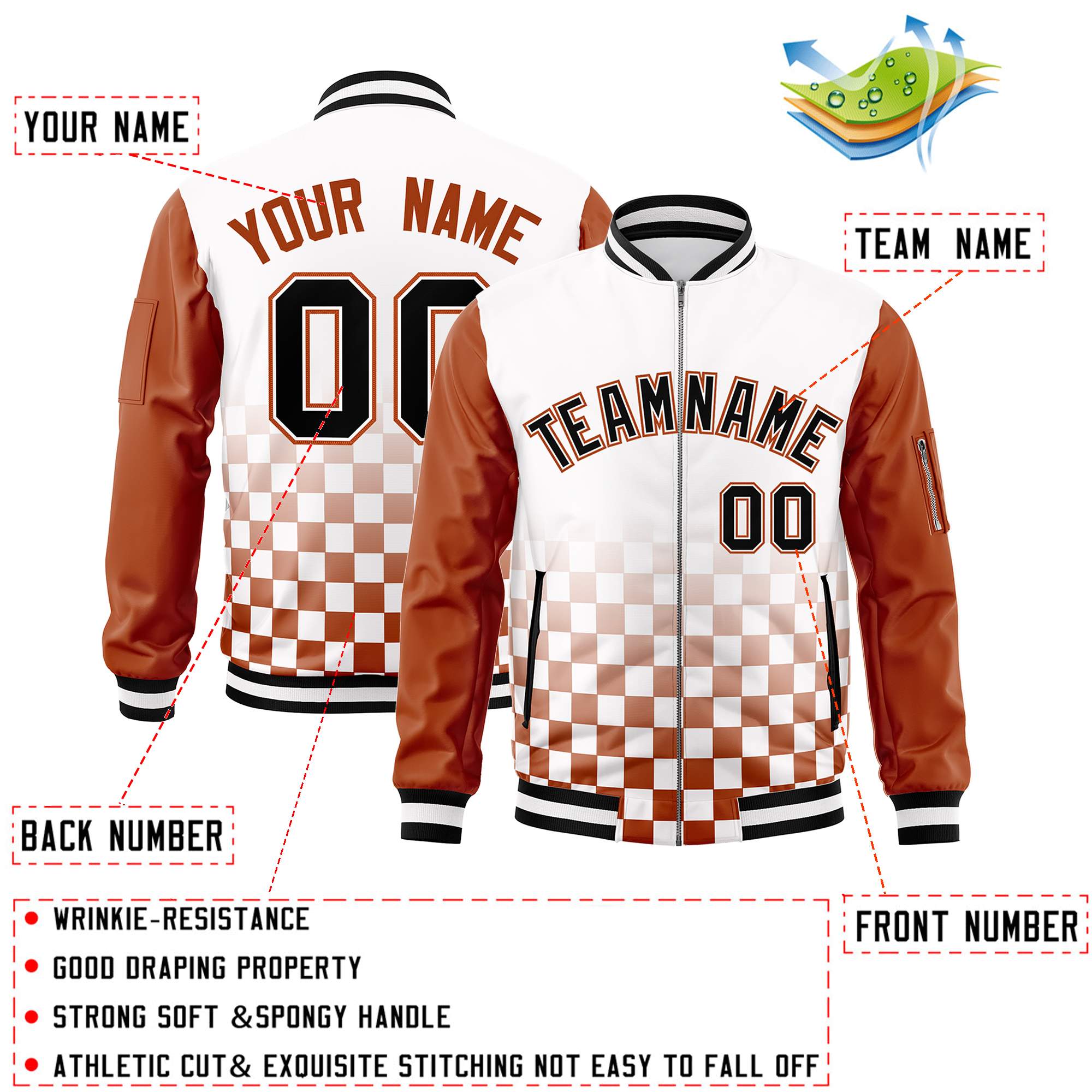 Custom White Black-Orange Grid Varsity Full-Zip Color Block Letterman Raglan Sleeve Jacket