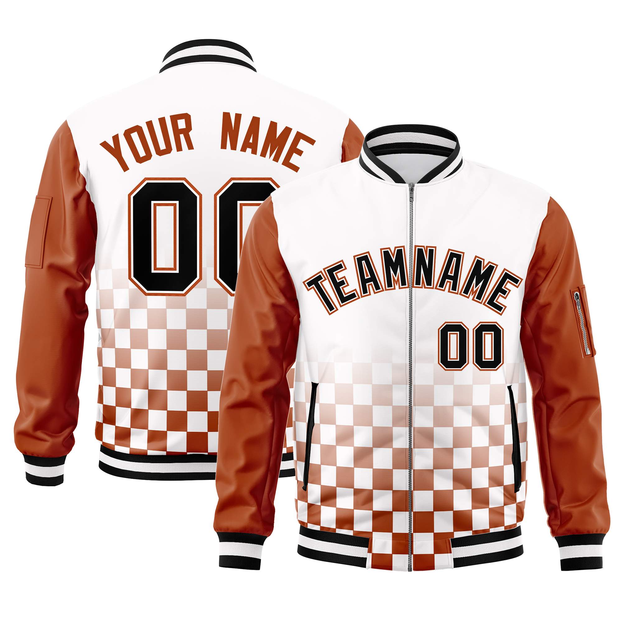 Custom White Black-Orange Grid Varsity Full-Zip Color Block Letterman Raglan Sleeve Jacket