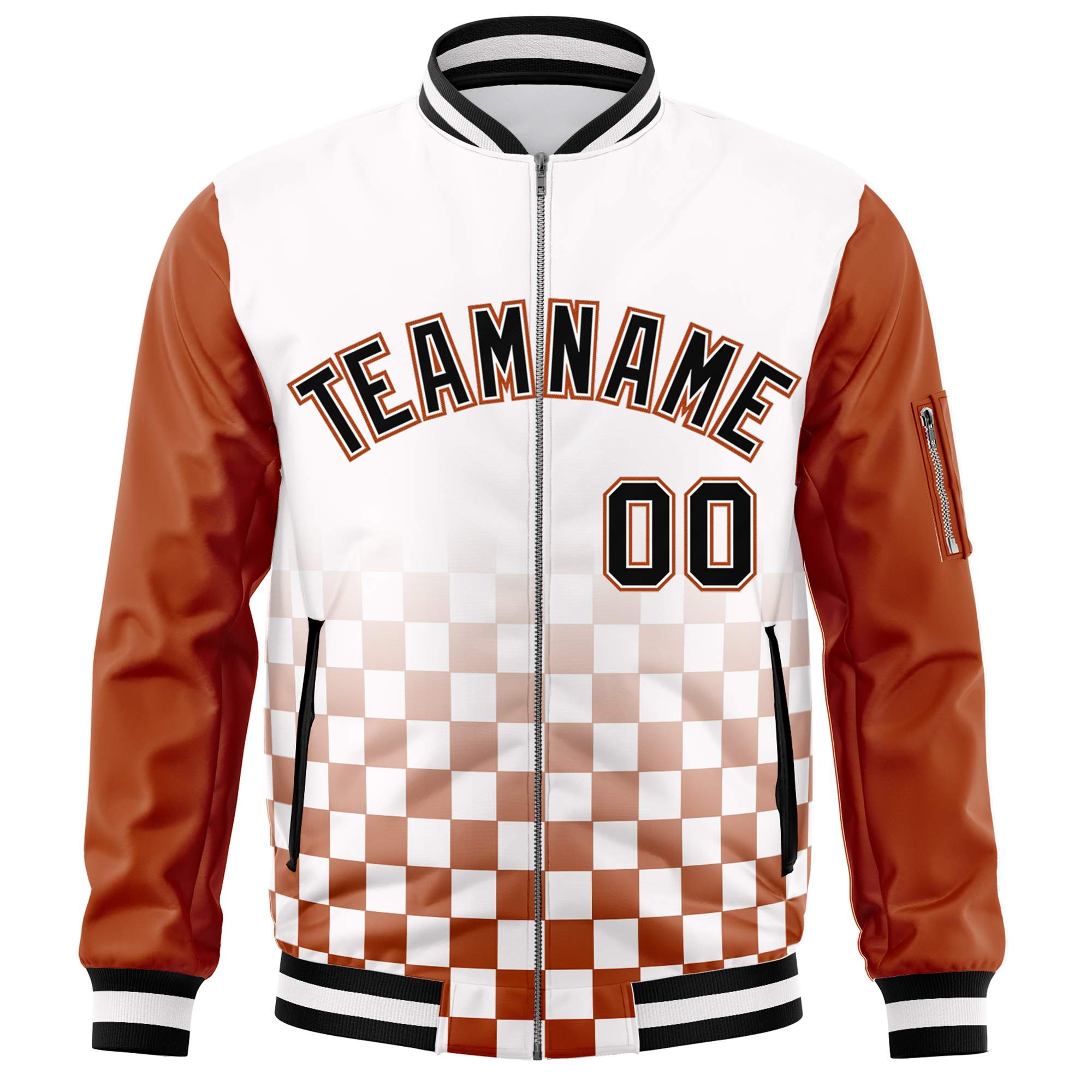 Custom White Black-Orange Grid Varsity Full-Zip Color Block Letterman Raglan Sleeve Jacket