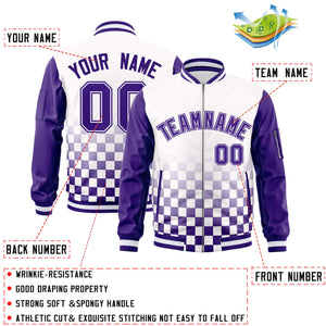 Custom White Purple Grid Varsity Full-Zip Color Block Letterman Raglan Sleeve Jacket