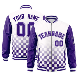 Custom White Purple Grid Varsity Full-Zip Color Block Letterman Raglan Sleeve Jacket