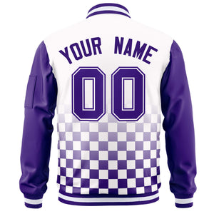 Custom White Purple Grid Varsity Full-Zip Color Block Letterman Raglan Sleeve Jacket