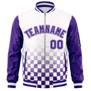 Custom White Purple Grid Varsity Full-Zip Color Block Letterman Raglan Sleeve Jacket