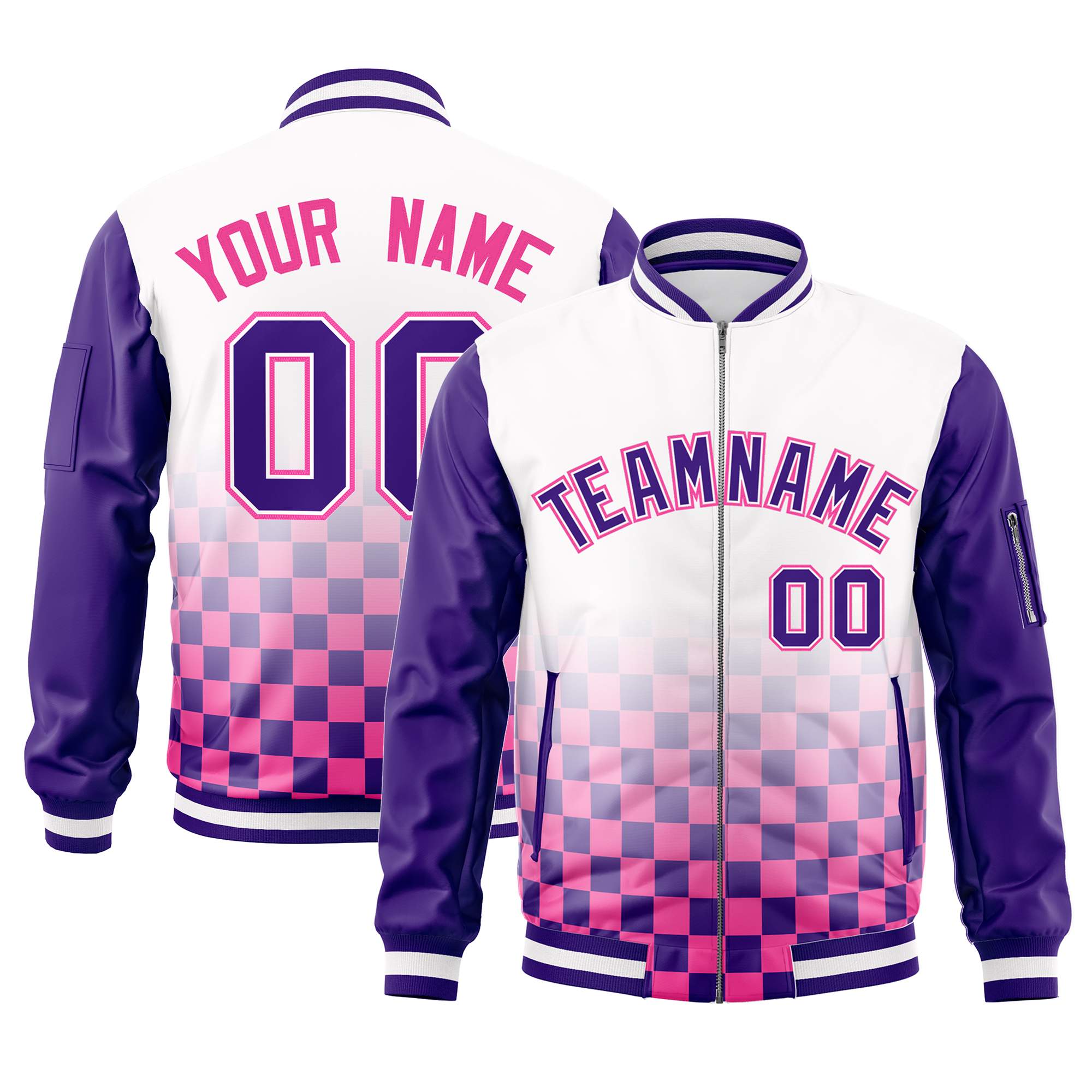 Custom White Purple-Pink Grid Varsity Full-Zip Color Block Letterman Raglan Sleeve Jacket