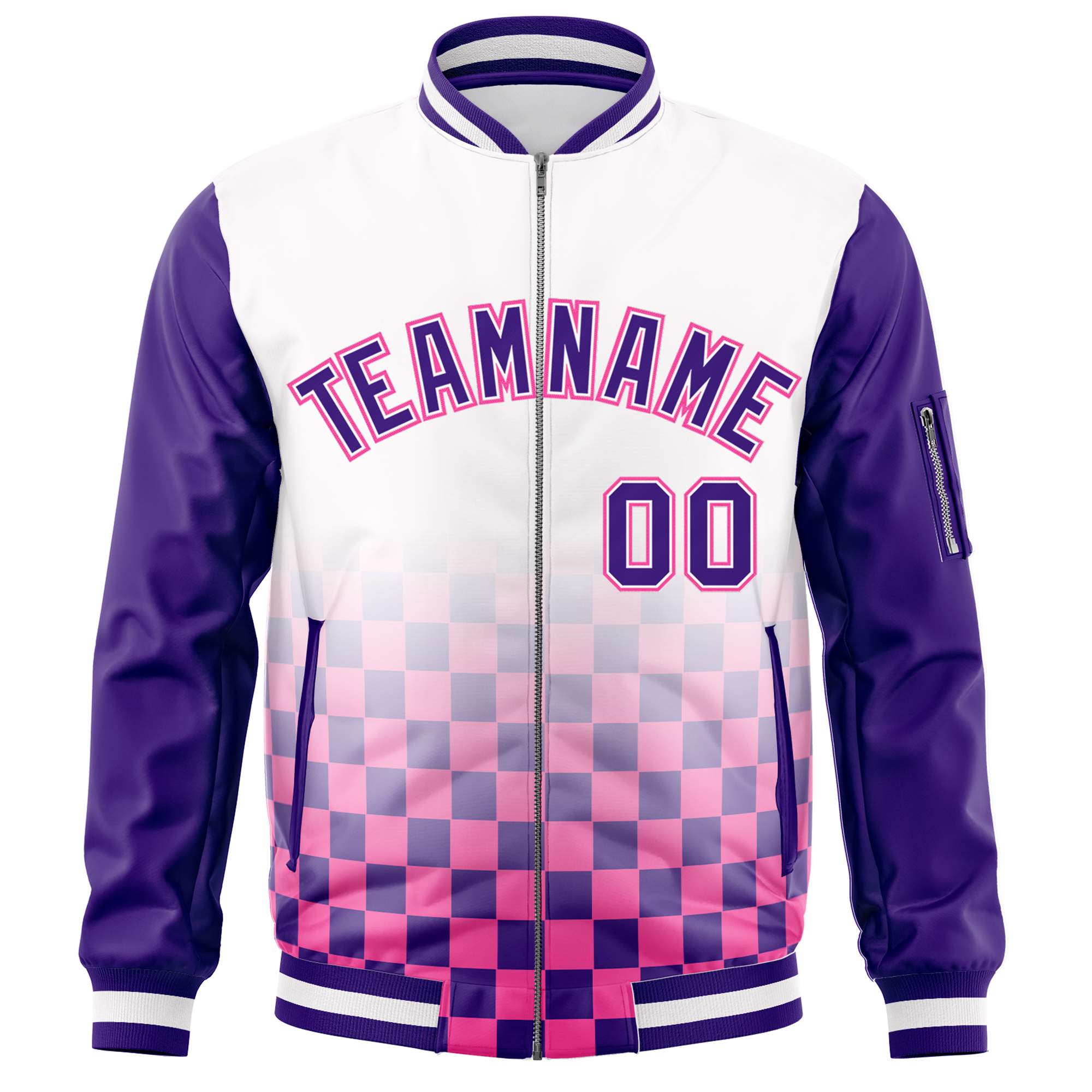 Custom White Purple-Pink Grid Varsity Full-Zip Color Block Letterman Raglan Sleeve Jacket