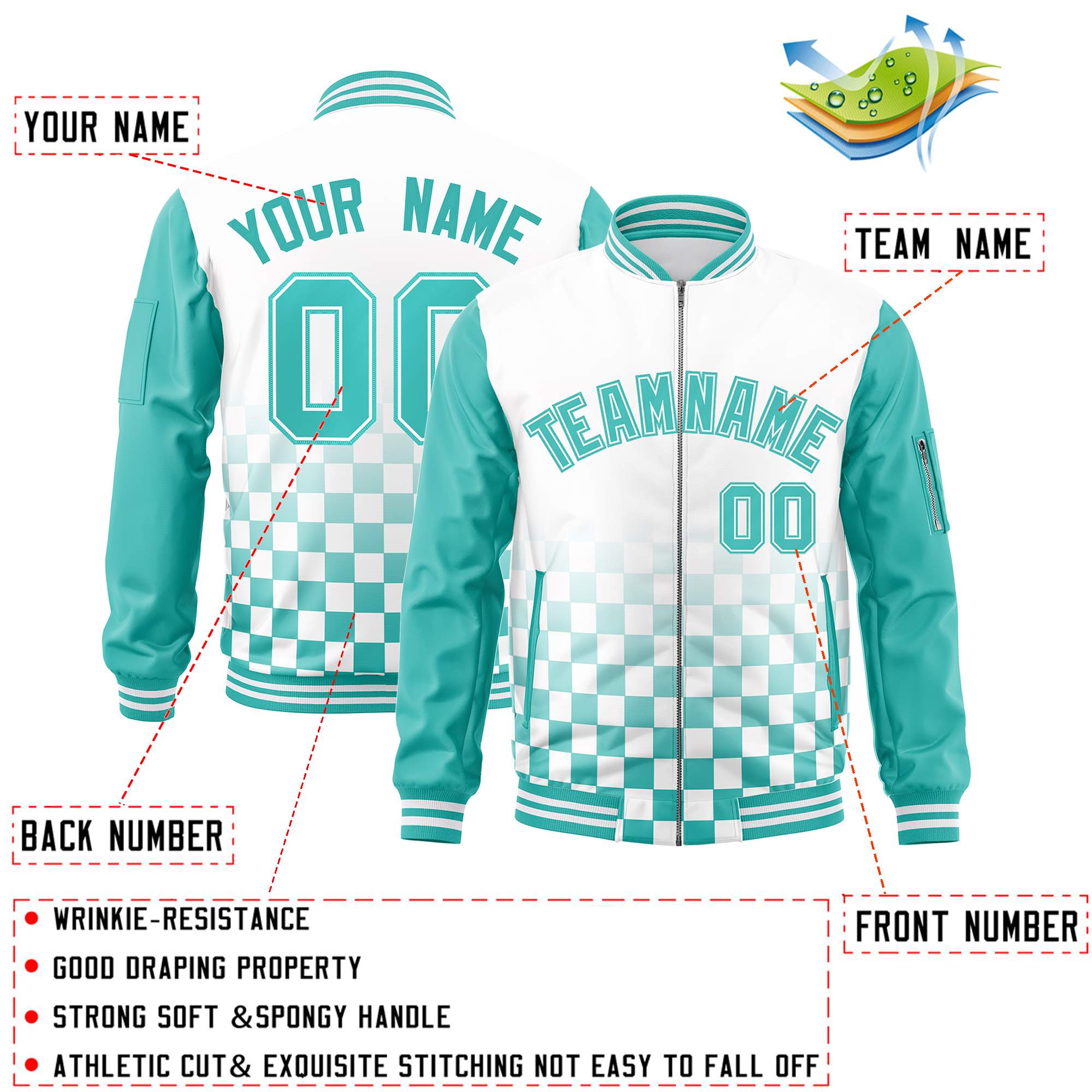 Custom White Aqua Grid Varsity Full-Zip Color Block Letterman Raglan Sleeve Jacket