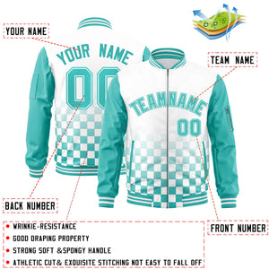 Custom White Aqua Grid Varsity Full-Zip Color Block Letterman Raglan Sleeve Jacket