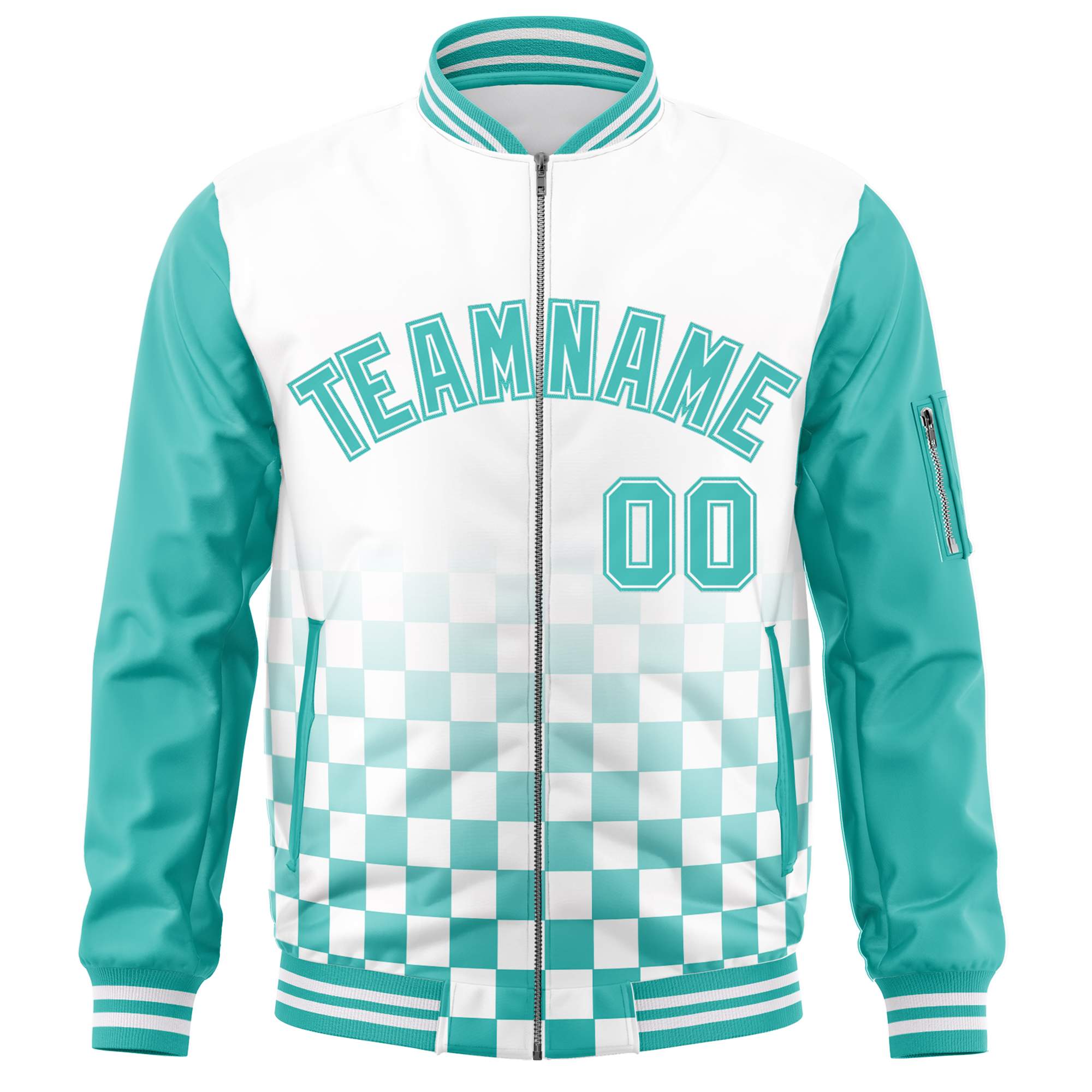 Custom White Aqua Grid Varsity Full-Zip Color Block Letterman Raglan Sleeve Jacket