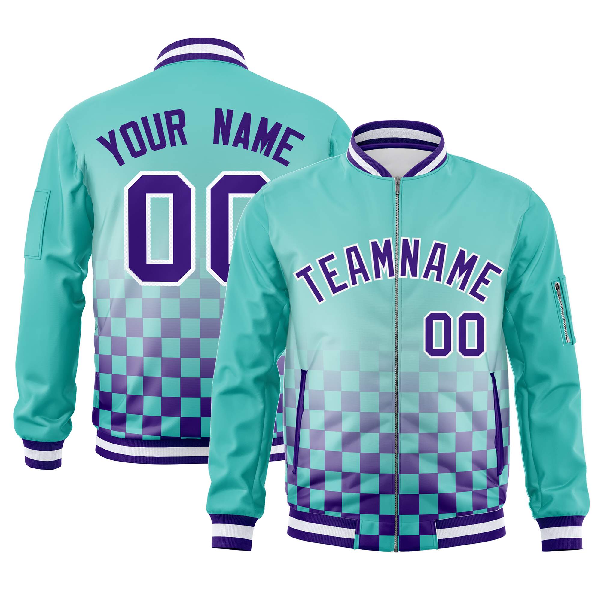 Custom Aqua Purple-White Grid Varsity Full-Zip Color Block Letterman Bomber Jacket