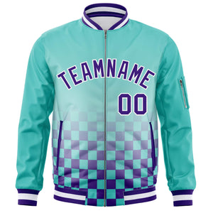 Custom Aqua Purple-White Grid Varsity Full-Zip Color Block Letterman Bomber Jacket