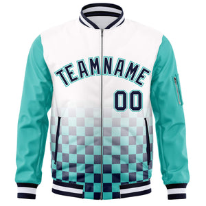 Custom White Navy-Aqua Grid Varsity Full-Zip Color Block Letterman Raglan Sleeve Jacket