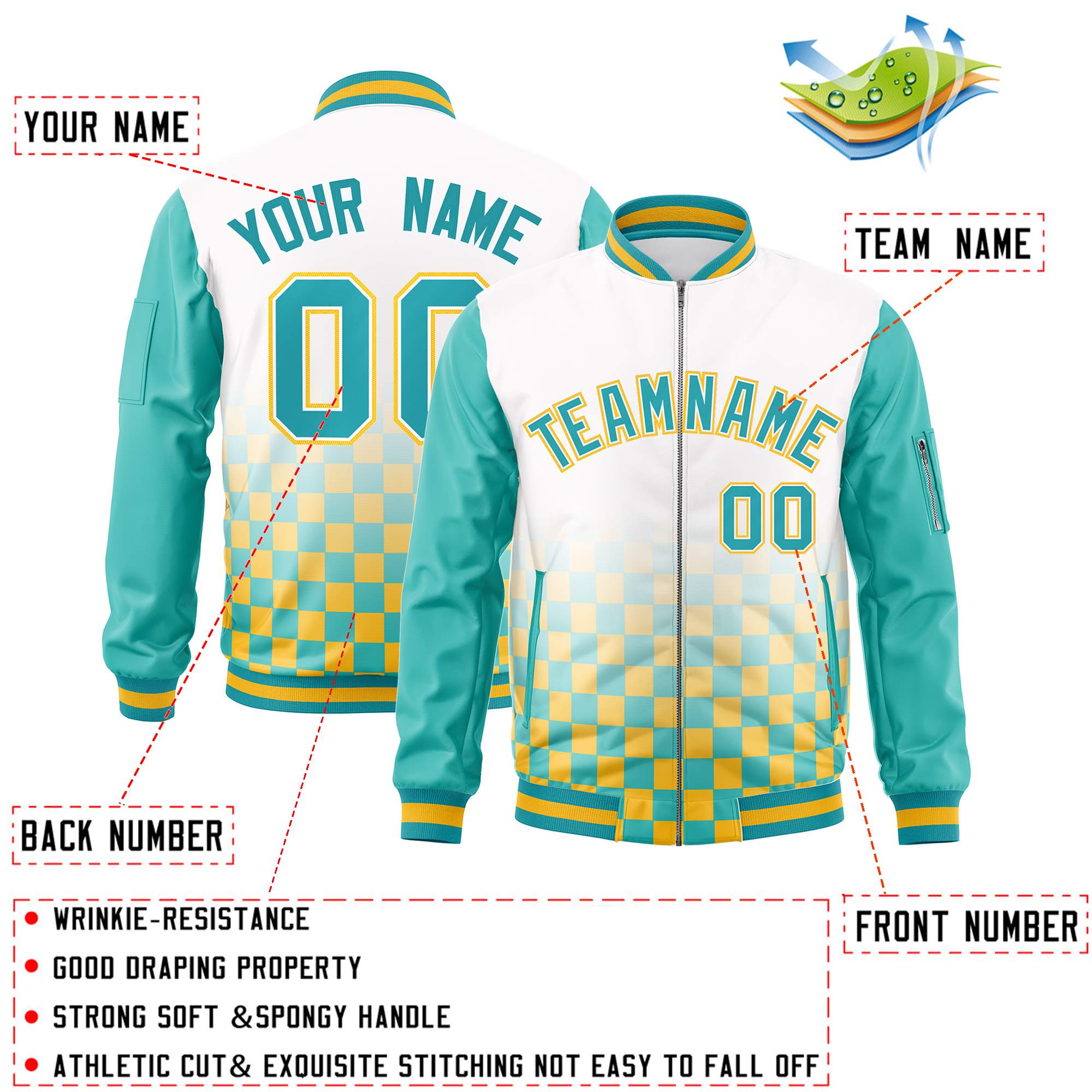 Custom White Aqua-Gold Grid Varsity Full-Zip Color Block Letterman Raglan Sleeve Jacket