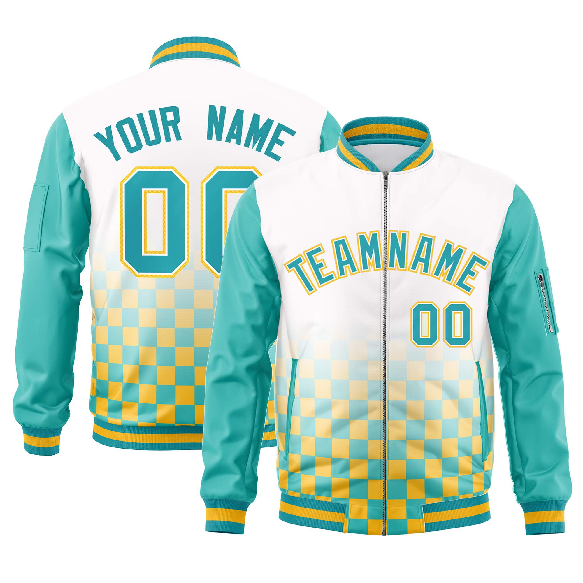 Custom White Aqua-Gold Grid Varsity Full-Zip Color Block Letterman Raglan Sleeve Jacket