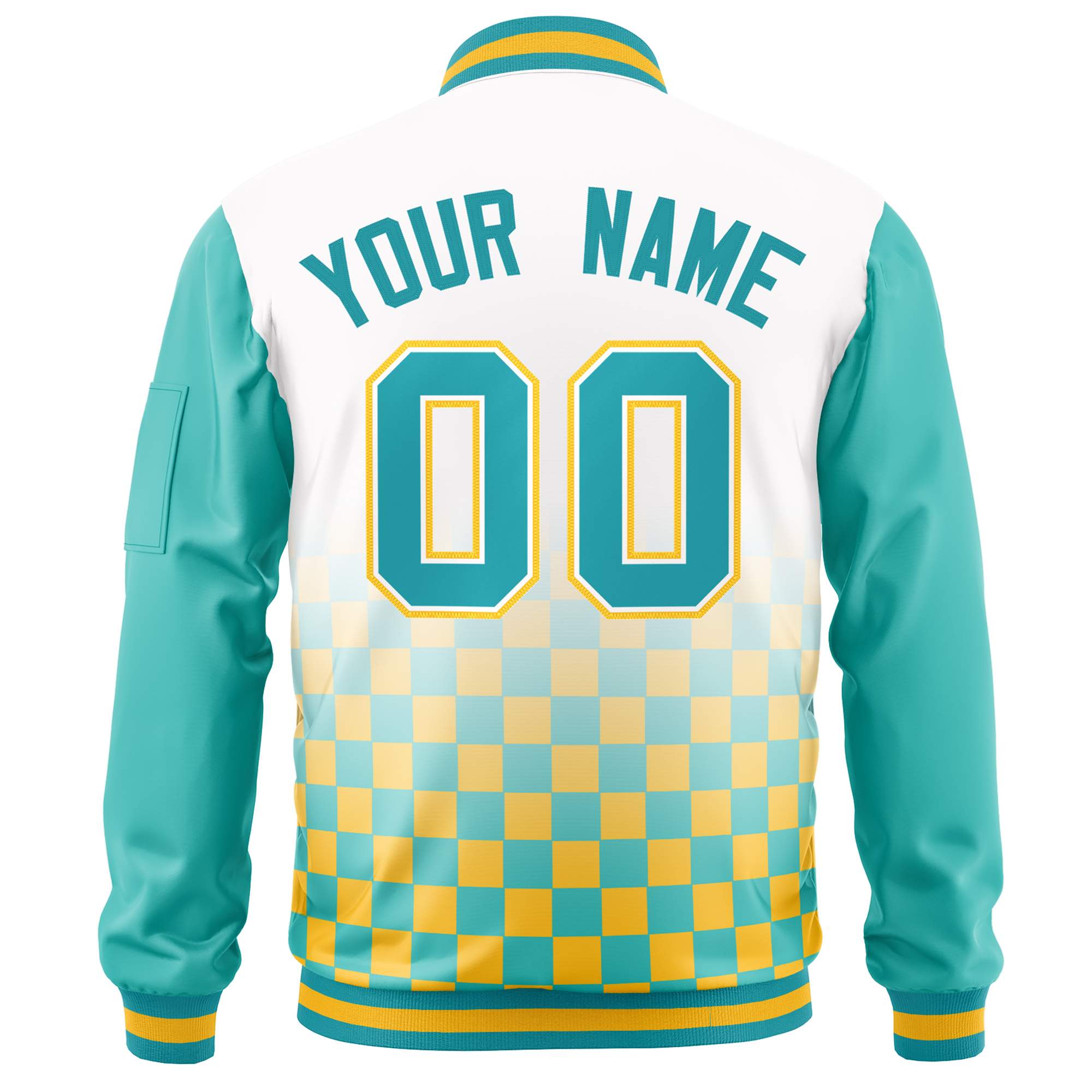 Custom White Aqua-Gold Grid Varsity Full-Zip Color Block Letterman Raglan Sleeve Jacket