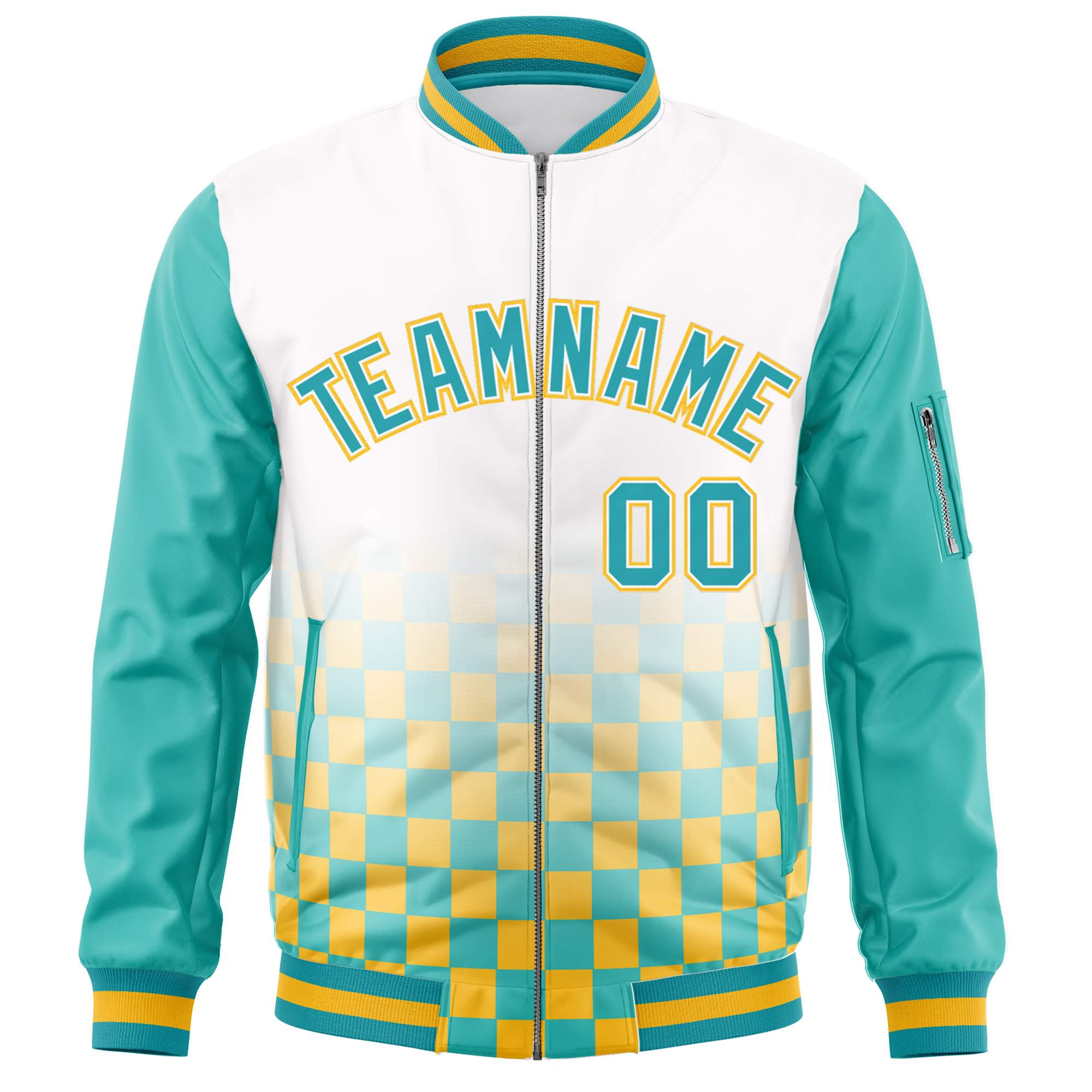 Custom White Aqua-Gold Grid Varsity Full-Zip Color Block Letterman Raglan Sleeve Jacket