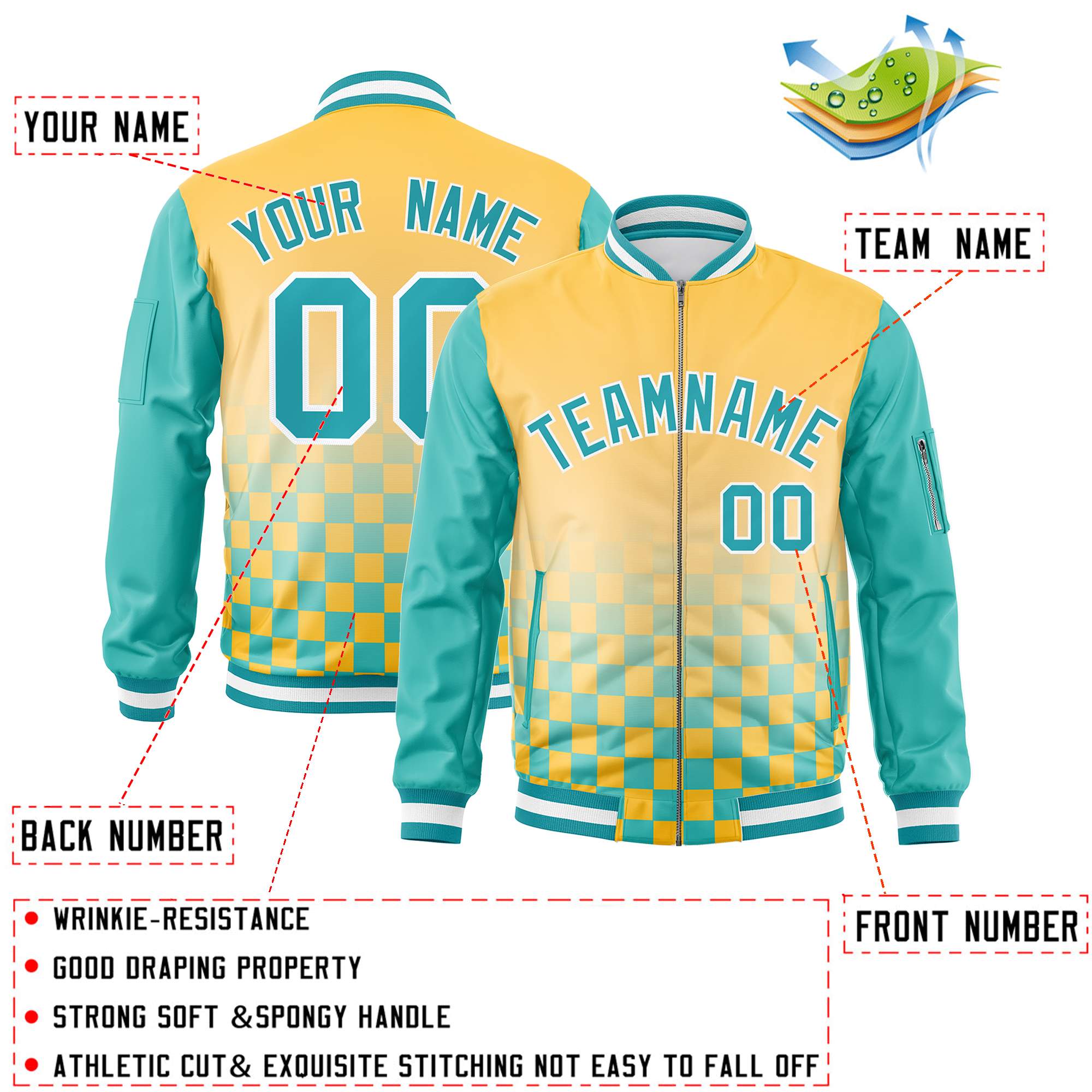 Custom Gold Aqua-White Grid Varsity Full-Zip Color Block Letterman Raglan Sleeve Jacket