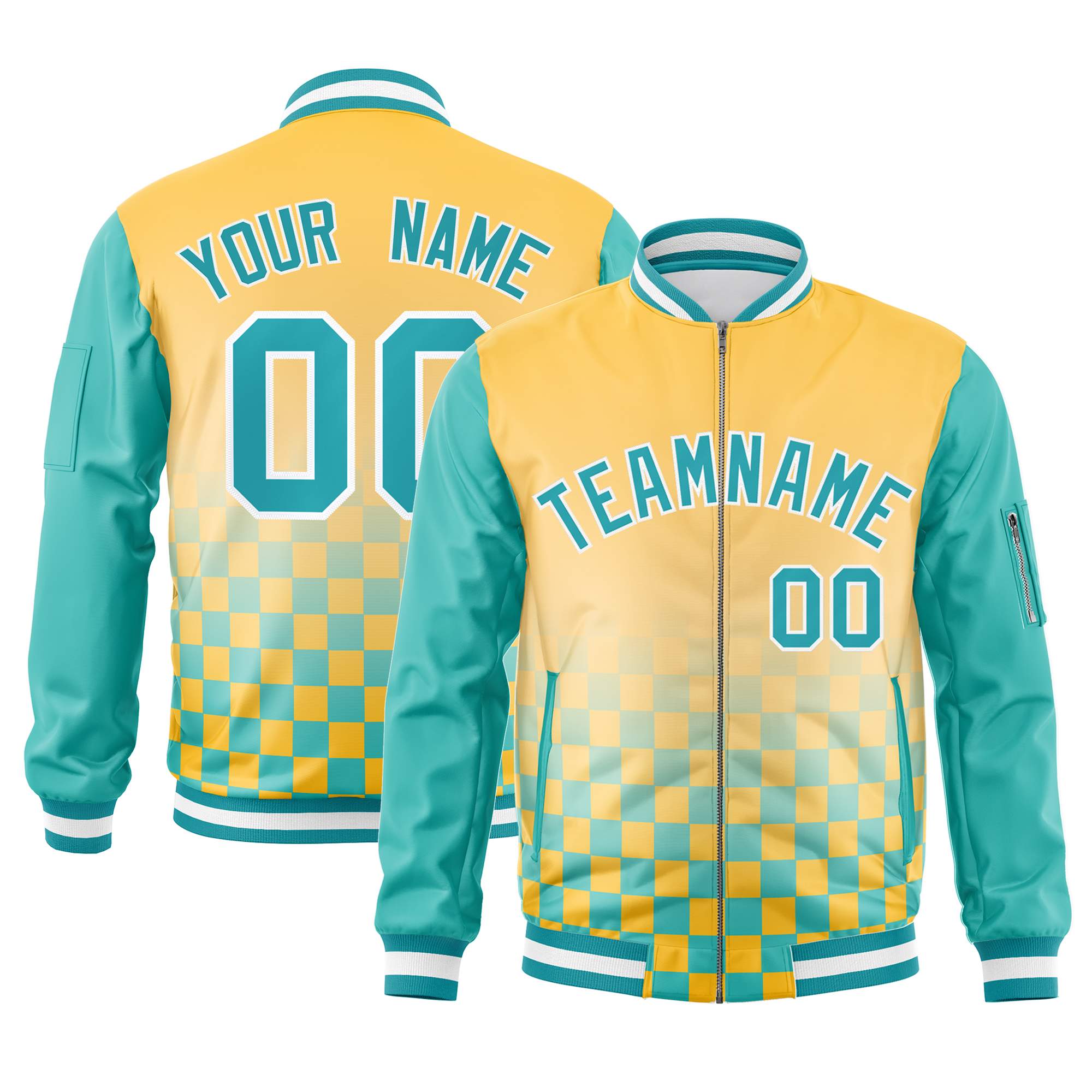 Custom Gold Aqua-White Grid Varsity Full-Zip Color Block Letterman Raglan Sleeve Jacket