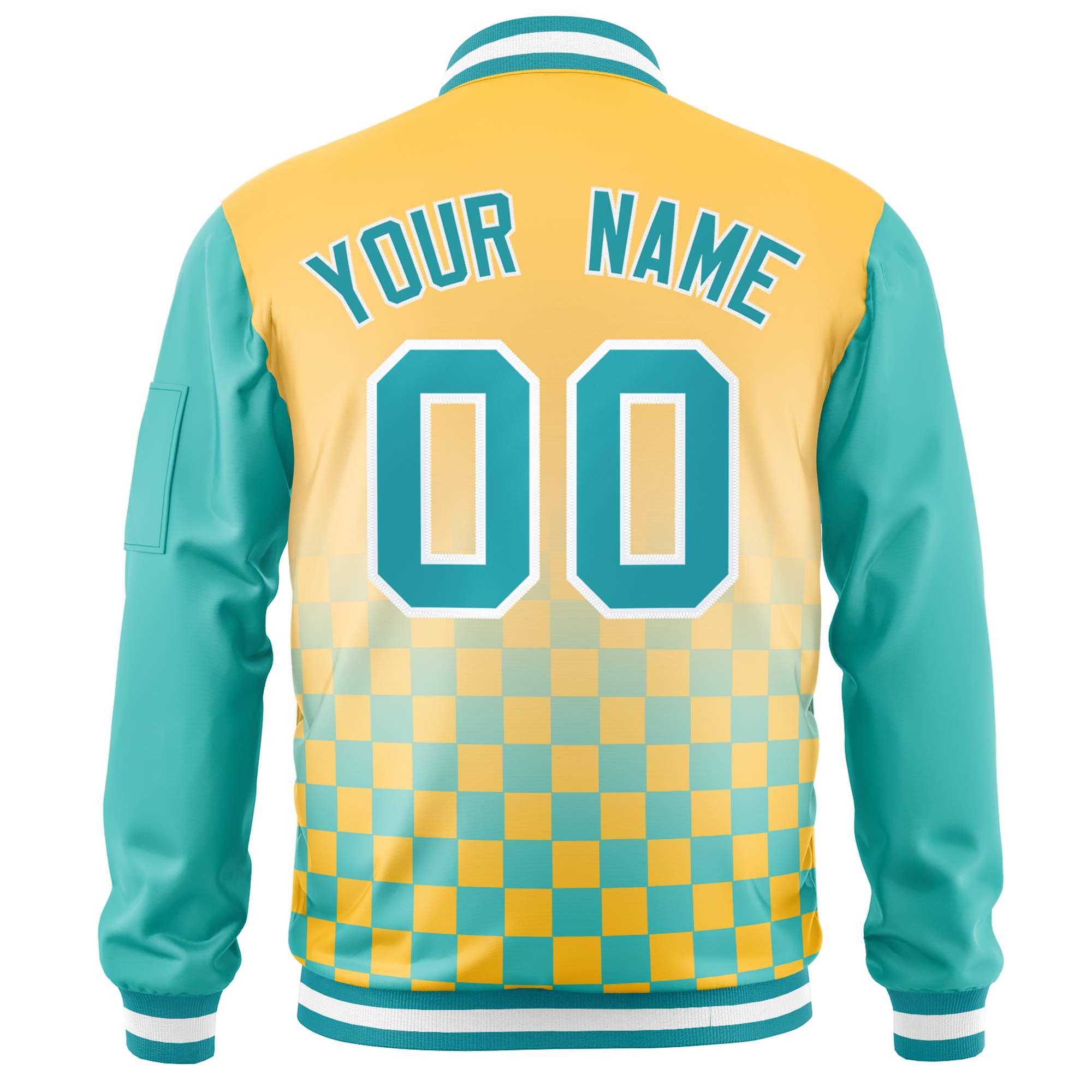 Custom Gold Aqua-White Grid Varsity Full-Zip Color Block Letterman Raglan Sleeve Jacket