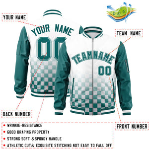 Custom White Aqua Grid Varsity Full-Zip Color Block Letterman Raglan Sleeve Jacket