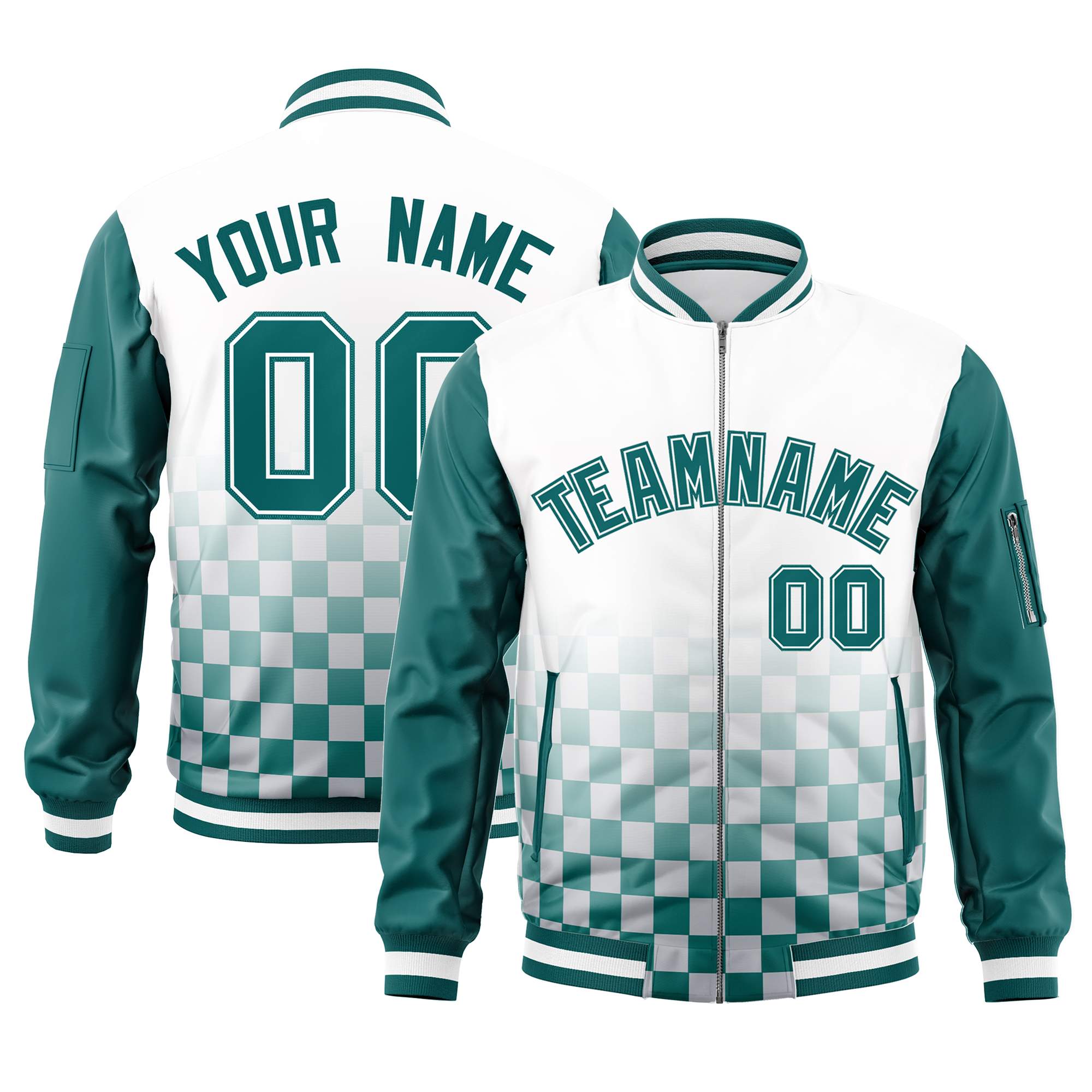 Custom White Aqua Grid Varsity Full-Zip Color Block Letterman Raglan Sleeve Jacket