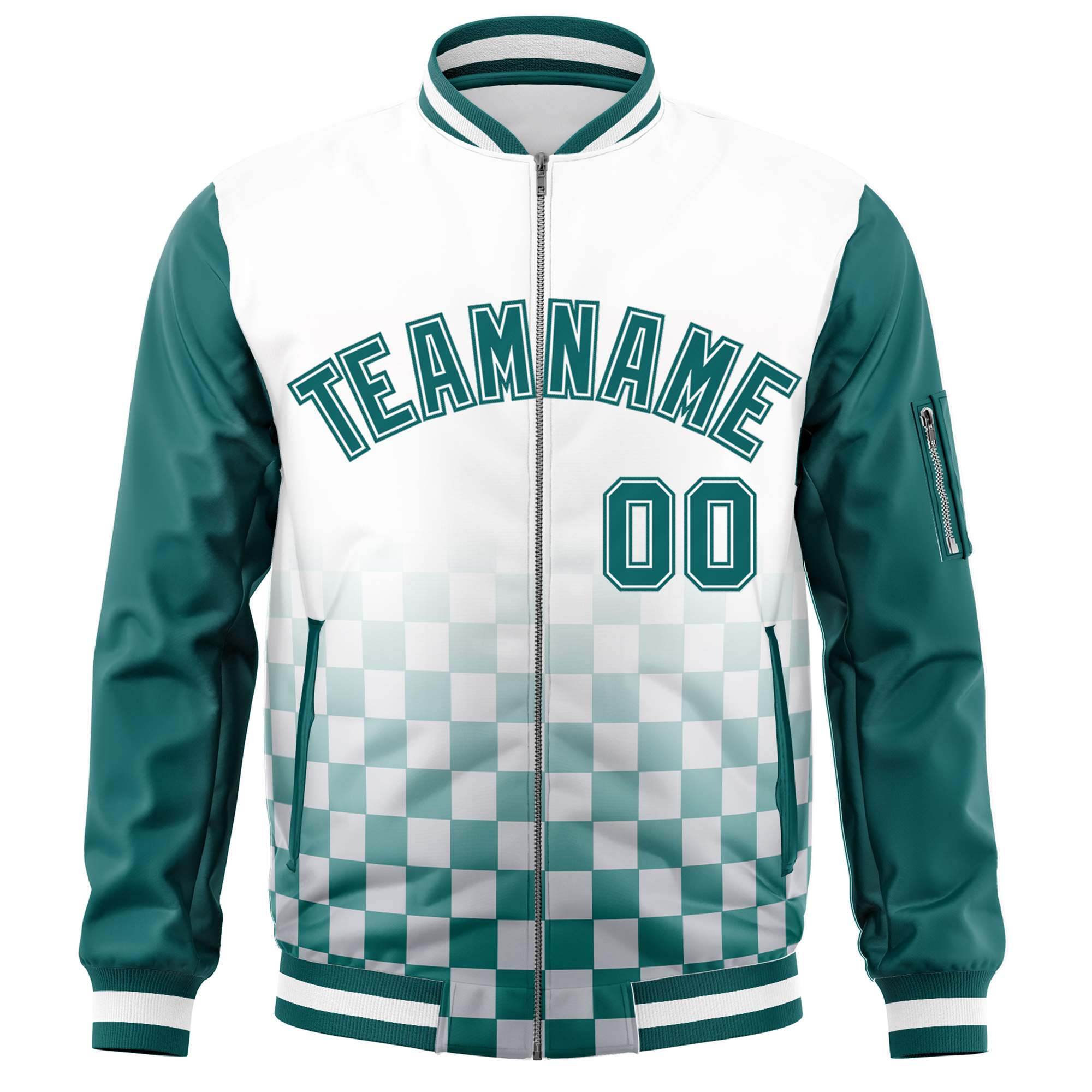 Custom White Aqua Grid Varsity Full-Zip Color Block Letterman Raglan Sleeve Jacket