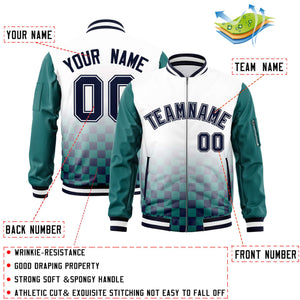 Custom White Navy-Aqua Grid Varsity Full-Zip Color Block Letterman Raglan Sleeve Jacket