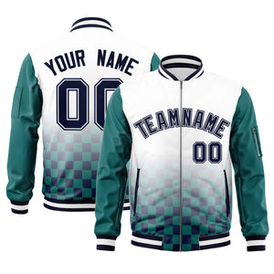 Custom White Navy-Aqua Grid Varsity Full-Zip Color Block Letterman Raglan Sleeve Jacket