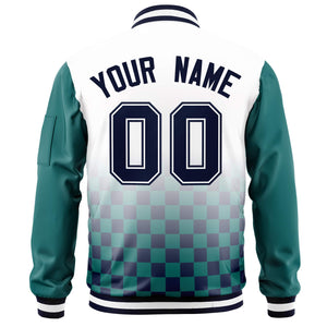 Custom White Navy-Aqua Grid Varsity Full-Zip Color Block Letterman Raglan Sleeve Jacket