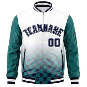 Custom White Navy-Aqua Grid Varsity Full-Zip Color Block Letterman Raglan Sleeve Jacket