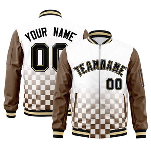 Custom White Black-Brown Grid Varsity Full-Zip Color Block Letterman Raglan Sleeve Jacket