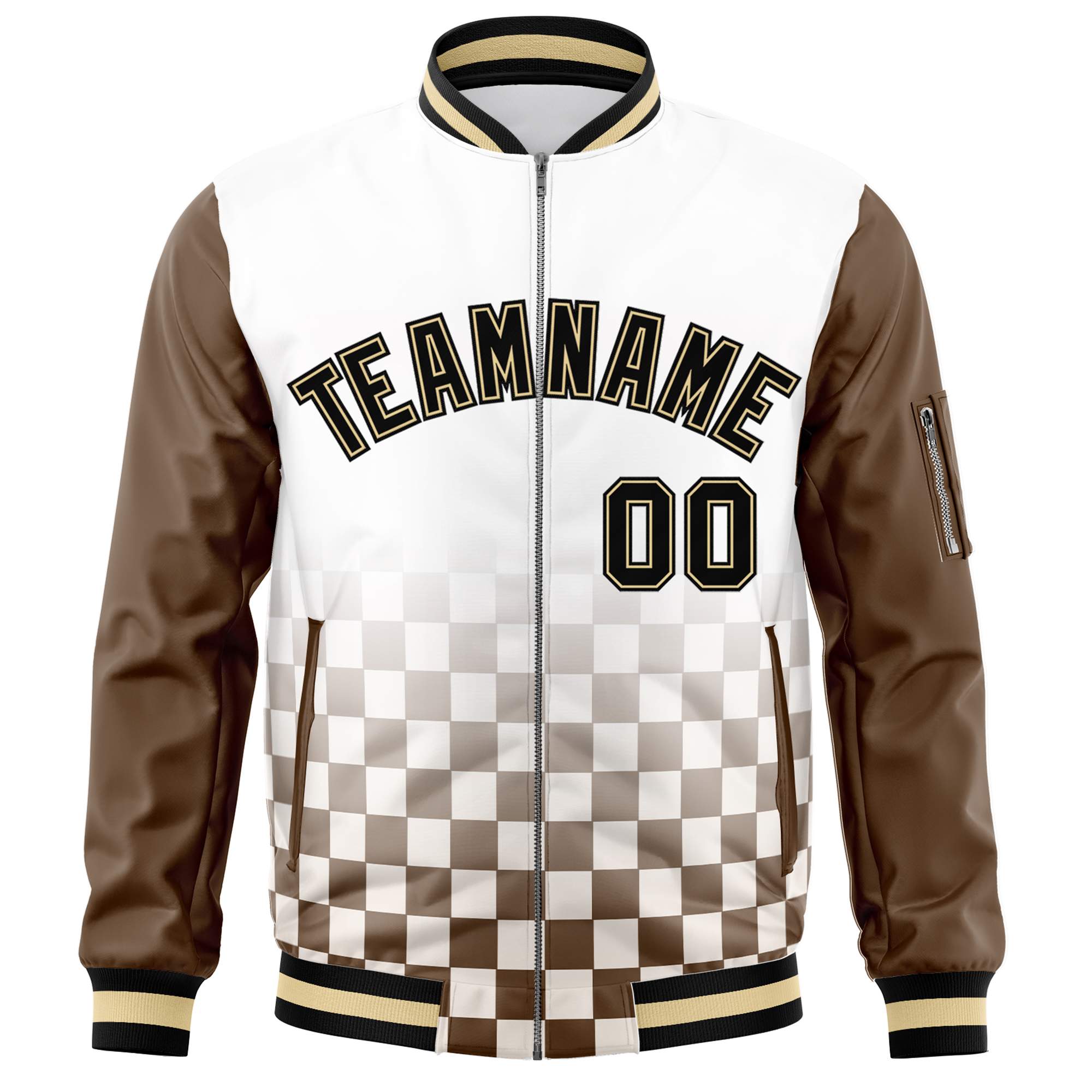 Custom White Black-Brown Grid Varsity Full-Zip Color Block Letterman Raglan Sleeve Jacket