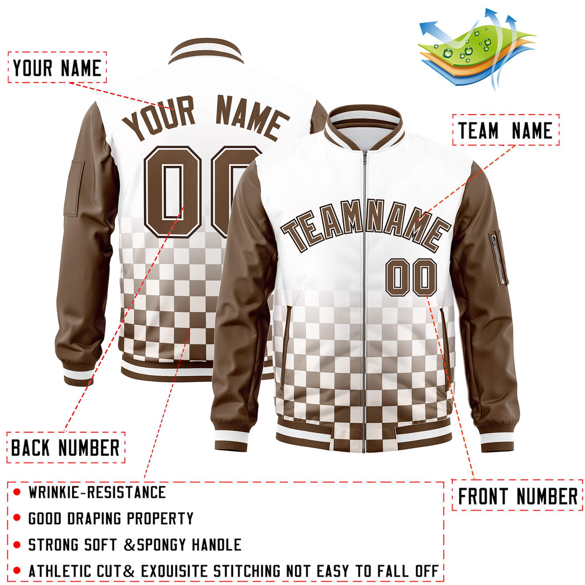 Custom White Brown Grid Varsity Full-Zip Color Block Letterman Raglan Sleeve Jacket