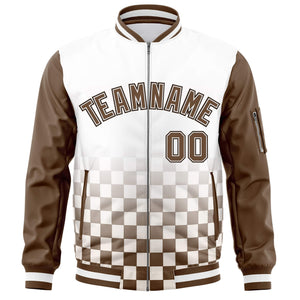 Custom White Brown Grid Varsity Full-Zip Color Block Letterman Raglan Sleeve Jacket