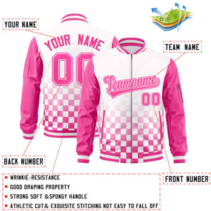 Custom White Pink Grid Varsity Full-Zip Color Block Letterman Raglan Sleeve Jacket