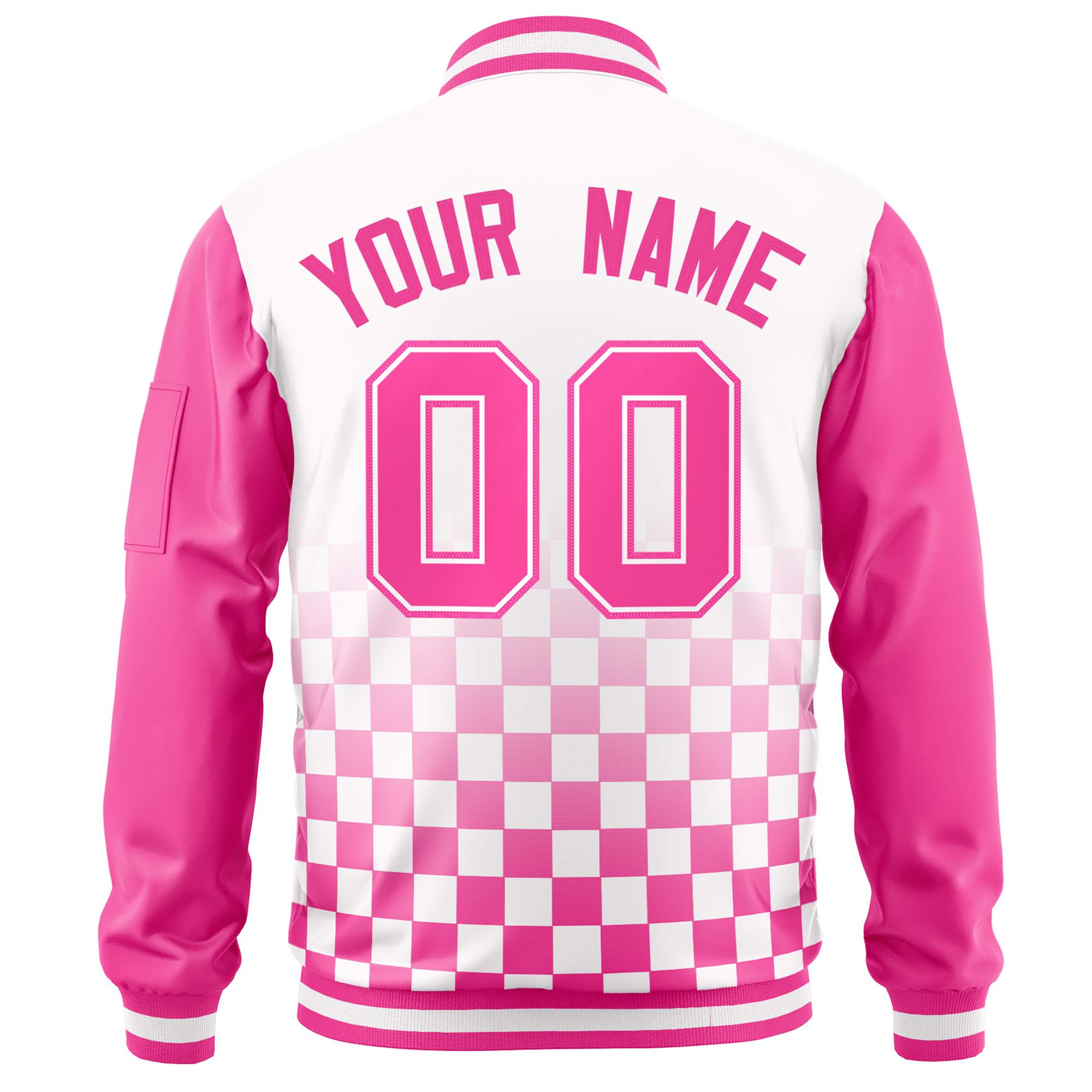 Custom White Pink Grid Varsity Full-Zip Color Block Letterman Raglan Sleeve Jacket