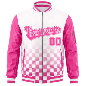 Custom White Pink Grid Varsity Full-Zip Color Block Letterman Raglan Sleeve Jacket