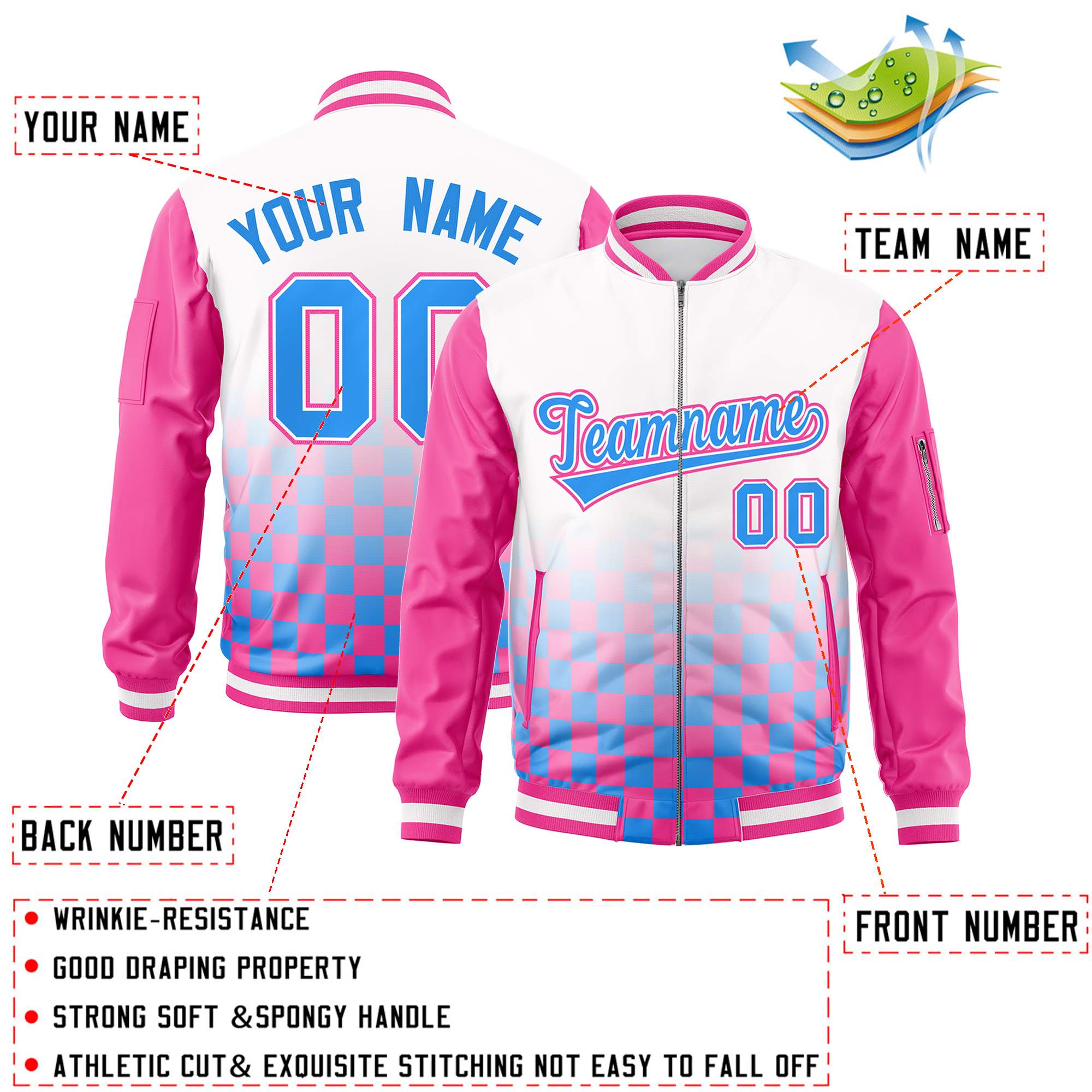 Custom White Powder Blue-Pink Grid Varsity Full-Zip Color Block Letterman Raglan Sleeve Jacket