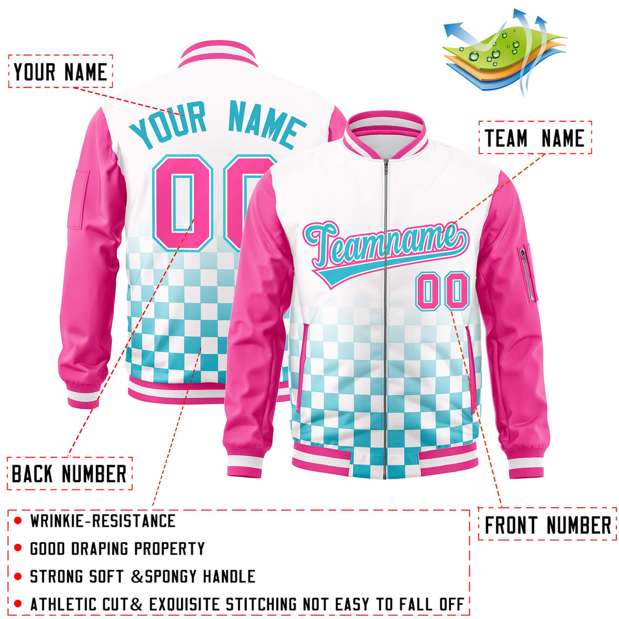 Custom White Light Blue-Pink Grid Varsity Full-Zip Color Block Letterman Raglan Sleeve Jacket