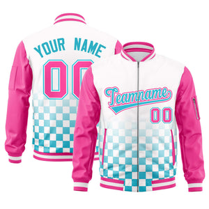 Custom White Light Blue-Pink Grid Varsity Full-Zip Color Block Letterman Raglan Sleeve Jacket