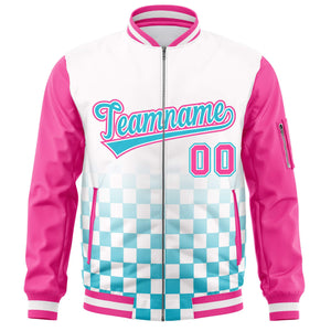 Custom White Light Blue-Pink Grid Varsity Full-Zip Color Block Letterman Raglan Sleeve Jacket