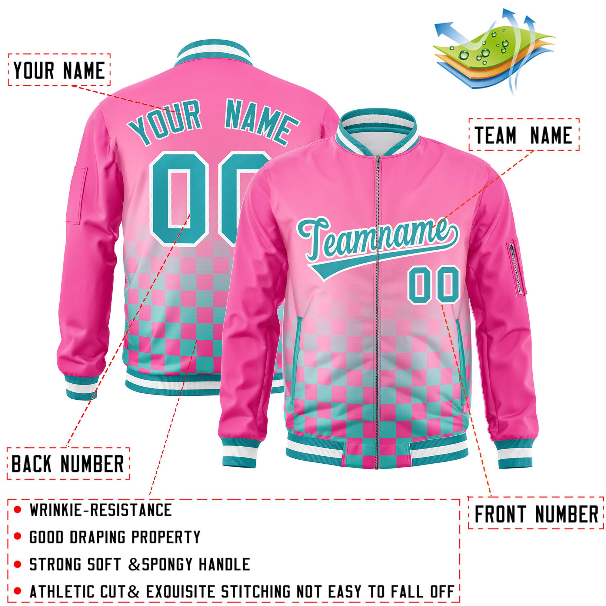 Custom Pink Aqua-White Grid Varsity Full-Zip Color Block Letterman Bomber Jacket