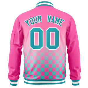 Custom Pink Aqua-White Grid Varsity Full-Zip Color Block Letterman Bomber Jacket